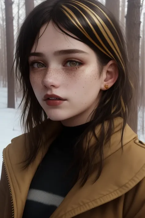 1girl, by Jeremy Lipking, by Antonio J Manzanedo, realistic photo, masterpiece, highest quality, high quality, (detailed face and eyes:1.2), (detailed skin:1.1), cowboy shot, 19 year old girl, messy short ((black)) and ((gold)) (streaked hair:1.3), short hair, (freckles: 1), (gold eyes), small breasts, choker, black winter coat, black jeans, closed mouth, snowy forest, ((gold hair streaks)), crop top, pixie cut