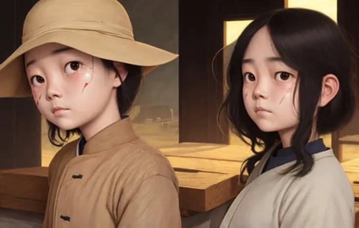 (by Jules Bastien-Lepage), (by Junji Ito), ((by Luke Chueh)), best quality, dusk lighting, realistic, surrealist, photo referenced, realistic background, cartoon foreground, (3d), golden hour, (((by Mojang Studios))), detailed face, cute face, katana, tears, sad face, scar, armor, samurai, spirit behind, ghost in the background