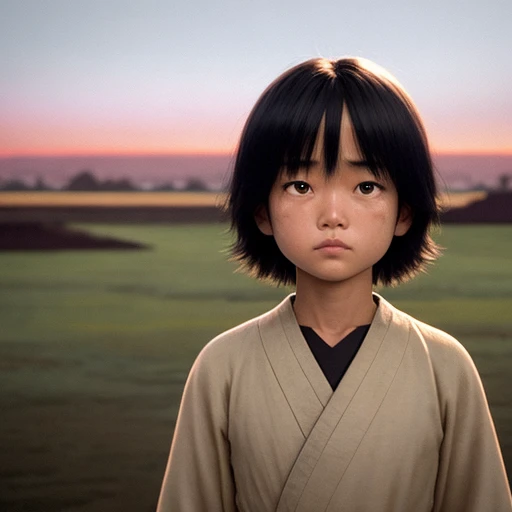 (by Jules Bastien-Lepage), (by Junji Ito), ((by Luke Chueh)), best quality, dusk lighting, realistic, surrealist, photo referenced, realistic background, cartoon foreground, (3d), golden hour, (((by Mojang Studios))), detailed face, cute face, katana, tears, sad face, scar, armor, samurai, spirit behind, ghost in the background