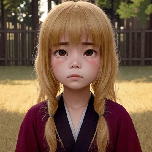 (by Jules Bastien-Lepage), (by Junji Ito), ((by Luke Chueh)), best quality, dusk lighting, realistic, surrealist, photo referenced, realistic background, cartoon foreground, (3d), golden hour, (((by Mojang Studios))), detailed face, cute face, katana, tears, sad face, scar, armor, samurai, spirit behind, ghost in the background