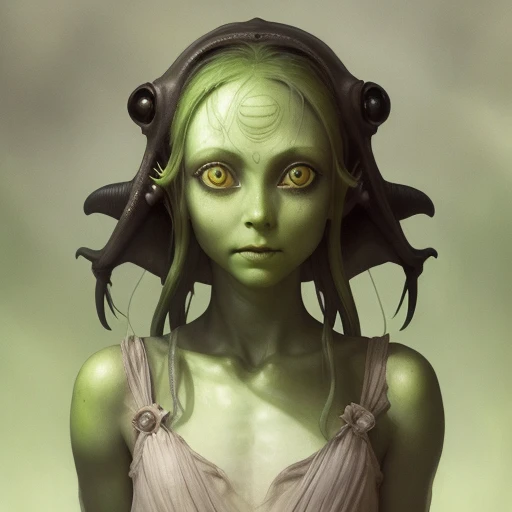 ((by Anders Zorn)), (by Annie Swynnerton), ((realistic)), photo referenced, highest quality, high quality, (detailed face and eyes:1.1), skinny alien girl, ((green skin)), (grey alien), ((big eyes)), big nose, black sclera, ((in space)), UFO in the background, black jumpsuit, black eyes, tentacle hair,