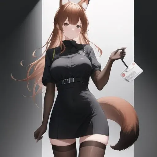 (masterpiece, best quality:1.2),absurdres,highres,1girl,solo,cowboy shot,franka (arknights),fox_ears,asymmetrical_legwear,animal_ears,fox_tail,brown_hair,long_hair,uneven_legwear,high_heels,single_leg_pantyhose,fox_girl,looking_at_viewer,mismatched_legwear,bangs,black_footwear,brown_eyes,elbow_gloves,single_thighhigh,grey_shirt,black_thighhighs,id_card,black_gloves,dress,asymmetrical_clothes,<lora:Franka(ark)>,