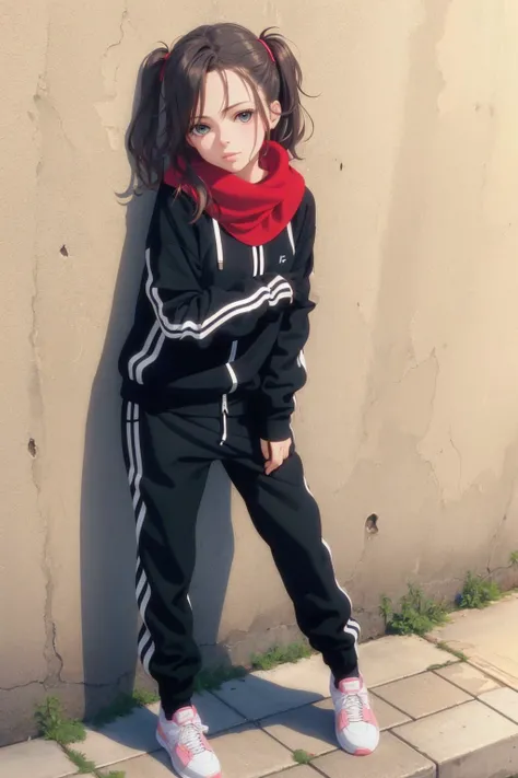 (high angle, full body:1.2) photo of 
luisaneubauer 
she is wearing track suit
her hair is styled as upside down chignon,
she is wearing scarf,
BREAK she is (leaning on a wall:1.1),
direct flash photography,