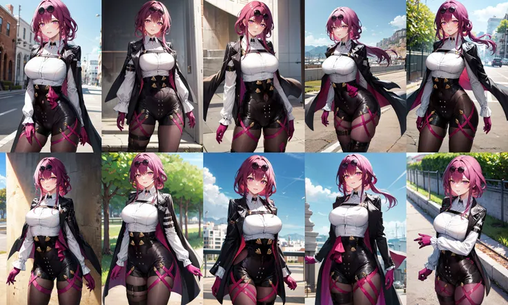 masterpiece, best quality, highres, ggmarine, long hair, single hair bun, multicolored hair, white hair, shako cap, heterochromia, red ascot, bodystocking, black leotard, sleeveless, black coat, open clothes, black gloves, covered navel, black pantyhose, <lora:houshou_marine_v1:0.8>, standing,cowboy shot, indoors, chandelier, smile,