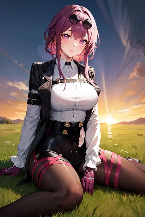 masterpiece, best quality, highres, aakafka, sunglasses, eyewear on head, harness, black jacket, white shirt, collared shirt, long sleeves, white sleeves, purple gloves, black shorts, thigh strap, pantyhose, <lora:kafka_1:0.8>, wariza, on floor, sitting, grass, field, sunset, boots