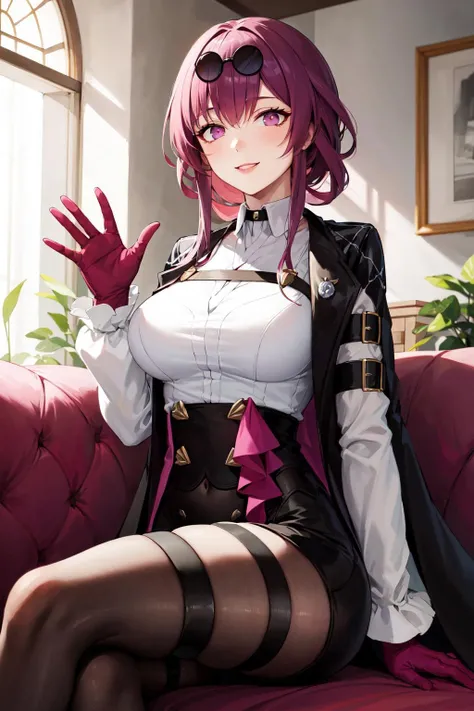 masterpiece, best quality, highres, aakafka, sunglasses, eyewear on head, harness, black jacket, white shirt, collared shirt, long sleeves, white sleeves, purple gloves, black shorts, thigh strap, pantyhose, <lora:kafka_1:0.8>, waving, smile, sitting, sofa, indoors, crossed legs,