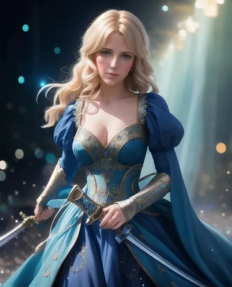 a woman in a blue dress holding a sword, a character portrait, cgsociety contest winner, fantasy art, whimsical, fantasy, hd, dress crystal crystallized pastel ornate drops transparent, hair blonde , fantasy, Medieval, epic hyper-detailed masterpiece ultra-wide, cinematic still , glamour hyper shoot , bokeh, pre-raphaelite, photo, realistic, octane render, 35 mm, photography , 8k resolution , 8 k, cinematic lighting, photographic, Eastman Kodak Color Negative film 5251 50T shot on panavision super , art by Bagshaw Tom, stanley, greg rutkowski, thomas kindkade, norman rockwell