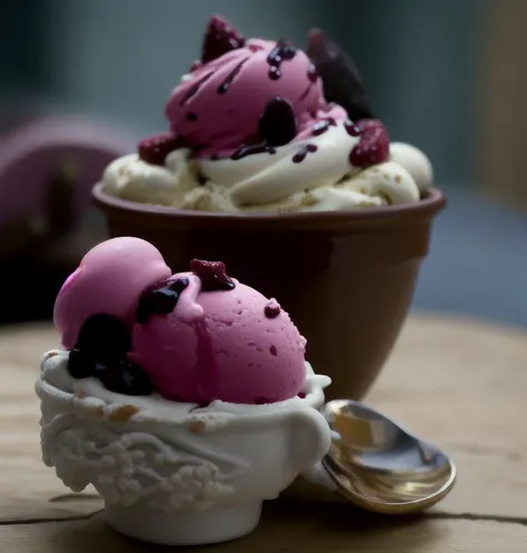 ice cream, intricate detail ,dark background , HD. Photography