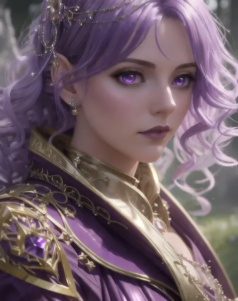 a woman princess of ice, volumetric lighting, highly detailed, style 3/4, Photorealism, Bokeh blur, High detail close-up head, facing camera, realistic digital painting portrait of a gothic female blood elf, (curly hair:1.1), (purple hair:1.3), magical dark and red universe, magic cloth armor with red and yellow engrave in intricate details, (abstract background:1.2), (light particle:1.1), (very detailed skin:1.2), (game concept:1.3), (elden ring style:1.3), (arcane style:0.8), (depth of field:1.3), global illumination, art by hoang lap and fuji hoko and artgerm and greg rutkowski and viktoria gavrilenk