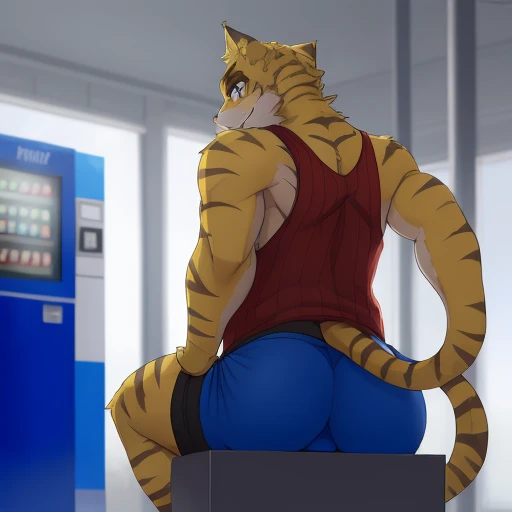 <lora:Torahiko v3-000004:.8> torahiko wearing a tank top, crouching in front of a vending machine and showing off his ass crack, from behind, looking away from viewer, (handsome face!), high res, absurdres, hi res, masterpiece, masterwork, 4k