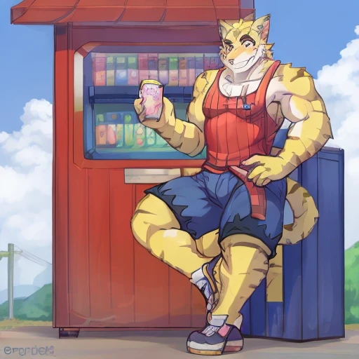 <lora:Torahiko v3-000004:1> torahiko, (pecs), tank top, shorts, leaning against a vending machine drinking a soda, low-angle view,