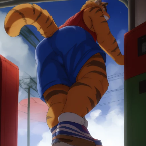 <lora:Torahiko v3-000004:.8> torahiko wearing a red tank top and blue shorts, leaning against a vending machine with his ass sticking out, ((low-angle view, worm's-eyes view, from below,)) embarrassed, penis, first person view, bent over against the vending machine, bending over, (handsome face!), high res, absurdres, hi res, masterpiece, masterwork, 4k