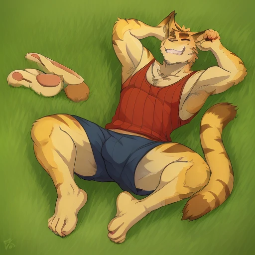 <lora:Torahiko v4:0.8> tank top, short, Torahiko sleeping on a grassy hill feet, pawpads, soles, barefoot, underfoot, paws, plantigrade, 4 toes