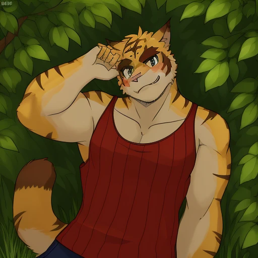 <lora:Torahiko v4:0.8>, torahiko hiding in bushes, tank top