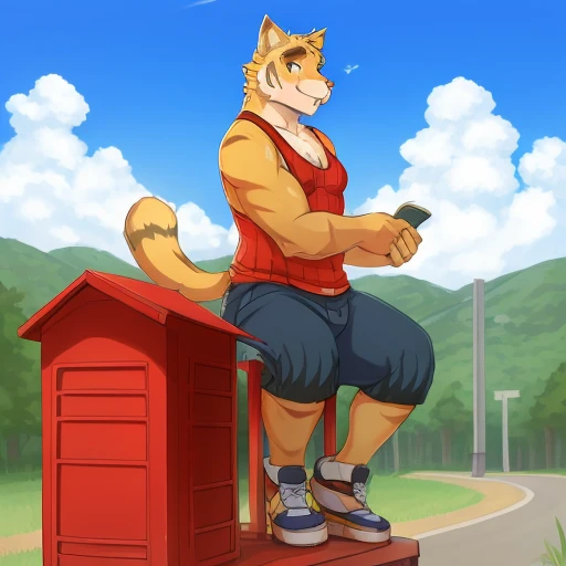 <lora:Torahiko v4:0.8> tank top, short, Torahiko sitting on a mailbox
