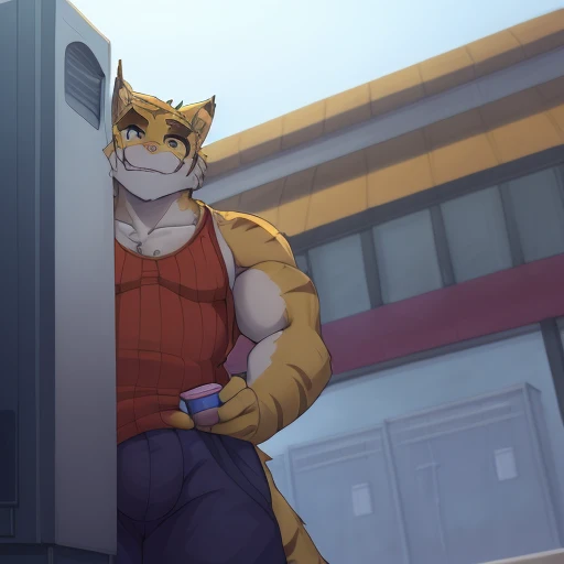 <lora:Torahiko v3-000004:.8> torahiko, pecs, tank top, shorts, leaning against a vending machine drinking a soda, ((low-angle view, worm's-eyes view, from below,)) ((genital focus)), (handsome face!), high res, absurdres, hi res, masterpiece, masterwork, 4k