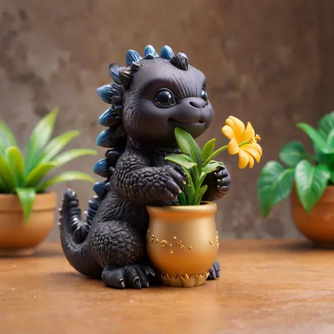 1cute Godzilla holding a flower pot, Figurine, basement, <lora:dibbls-07-xl:1> 3D, dibbls