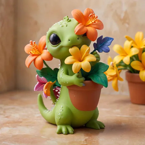 1cute lizard holding a flower pot, Figurine, basement, <lora:dibbls-07-xl:1> 3D, dibbls