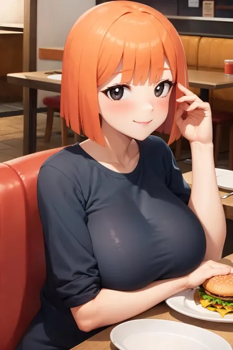 1girl,solo,(mcmom),huge breasts,grey shirt,sitting,black eyes,restaurant,smile,blush,table ,burger,fries,food,indoors<lora:mom_(japanese_mcdonalds_commercial) 2:1>