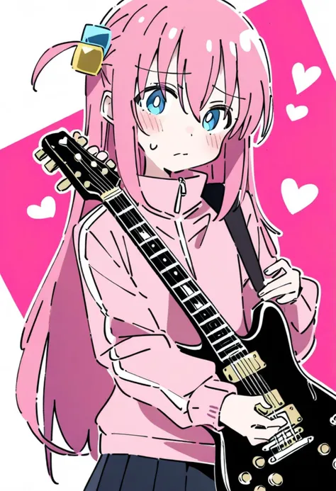 1girl, gotoh hitori, bocchi the rock!, ixy, black skirt, blue eyes, blush, bright pupils, closed mouth, cube hair ornament, electric guitar, guitar, hair ornament, heart, holding, holding instrument, instrument, jacket, long hair, long sleeves, looking at viewer, one side up, pink background, pink hair, pink jacket, pleated skirt, skirt, solo, sweat, sweatdrop, track jacket, two-tone background, white background, white pupils