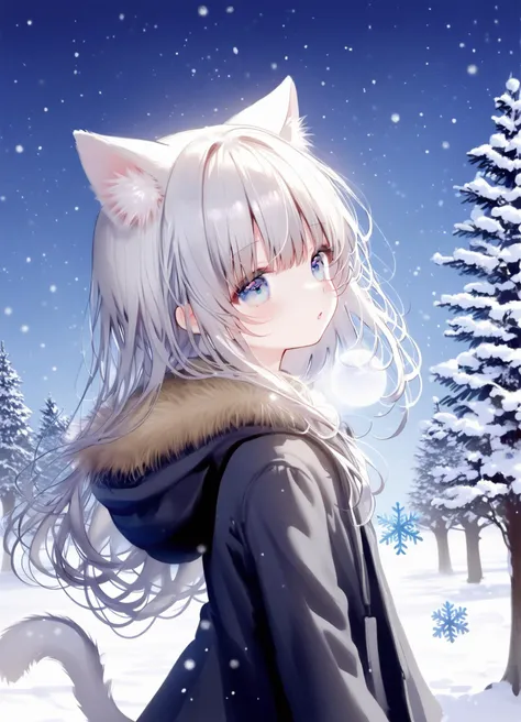 <lora:R-Anime-Sytle-Add-prune_LoRA:0.9>,Best-A,guo_jiang_mullay,(Artist:jima),(karv:0.7),1011,[(torino_aqua)|wlop|(shidou_riko)|rsef|Artist:noyu_(noyu23386566)|Artist\:Poi|as109|catzz|iyar],([Hidden_style|Hidden_style]:1.2), 
1girl, animal ears, tail, blue eyes, solo, cat tail, cat ears, cat girl, white hair, hood, long hair, animal ear fluff, hood down, outdoors, snow, blush, parted lips, upper body, tree, snowing, winter, snowflakes, fur trim, breath, looking up, hooded jacket, from side