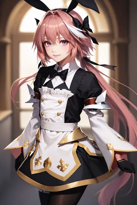 (masterpiece, best quality:1.2), solo, male focus, 1boy, astolfost3, smile, looking at viewer, hair bow, hair ribbon, black dress, buttons, wing collar, black bowtie, long sleeves, juliet sleeves, black gloves, pantyhose <lora:fate_astolfosaber_stage3:1.0>
