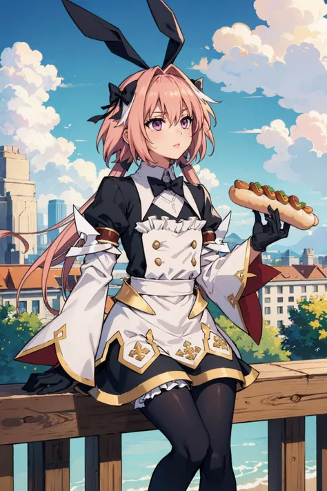 masterpiece, best quality, astolfost3, hair bow, hair ribbon, black dress, buttons, wing collar, black bowtie, long sleeves, juliet sleeves, black gloves, pantyhose, standing, outdoors, sky, clouds, holding hot dogs, sitting <lora:fate_astolfosaber_stage3-10:1>