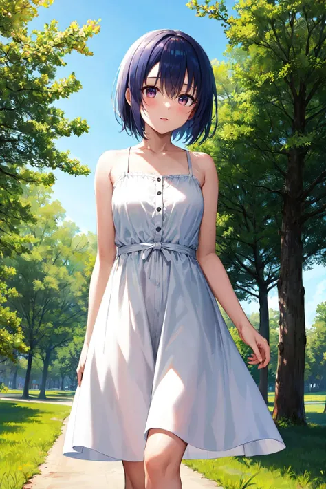 、(masterpiece、Highest quality)、Highest quality, Ultra-high resolution, (((masterpiece))), alone, Sweat、Big eyes, Please show me your armpits, No sleeve、Outdoor、Floral dress、Composition from the front、(Cut the back hair short、short hair、bionde、woman)、Shortcuts、Embarrassed face、Cut your hair short、Cute woman's 、Big Breasts