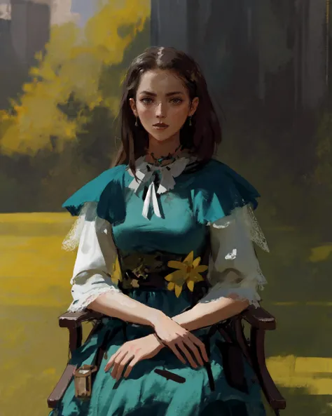 <lora:danila kalinin style:0.8>, 1girl, sitting, dress, looking at viewer, upper body,