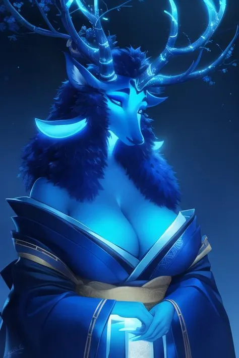 <lora:luna_(zummeng):0.8>, luna (zummeng), masterpiece, best quality, 1girl, horns, breasts, solo, cleavage, large breasts, furry female, furry, antlers, japanese clothes, kimono, blue skin, glowing, blue theme, glowing skin, glowing hair, glowing clothes, glowing eyes,