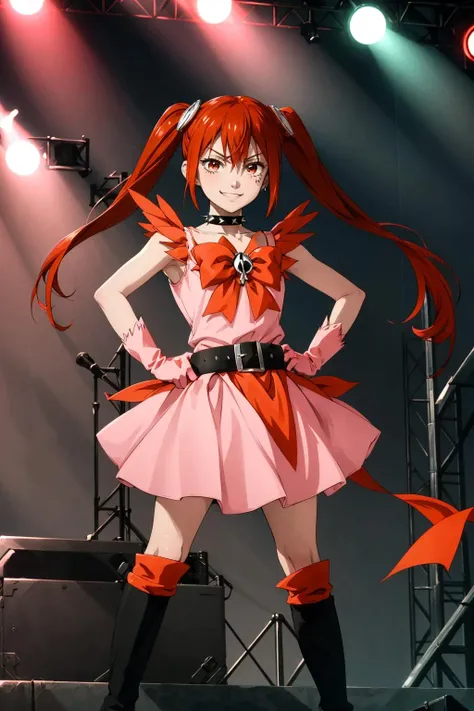 masterpiece, best quality, anarchy, hair ornaments, spiked collar, belt, magical girl, pink dress, pink gloves, thigh boots, standing, fists, smile, smug, furrowed brow, hands to hips, concert, stage, stage lights <lora:anarchy-nvwls-v1-000012:0.9>