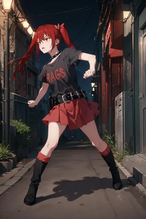 masterpiece, best quality, anarchy, hair bows, spiked collar, black t-shirt, belt, red skirt, black boots, from side, fighting stance, night, city street, furrowed brow, serious <lora:anarchy-nvwls-v1-000012:0.9>