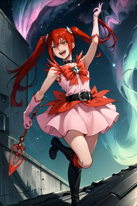 masterpiece, best quality, anarchy, hair ornaments, spiked collar, belt, magical girl, pink dress, pink gloves, thigh boots, furrowed brow, smug, smile, open mouth, space, auroras, (jumping:1.2), city, rooftop <lora:anarchy-nvwls-v1-000012:0.8>
