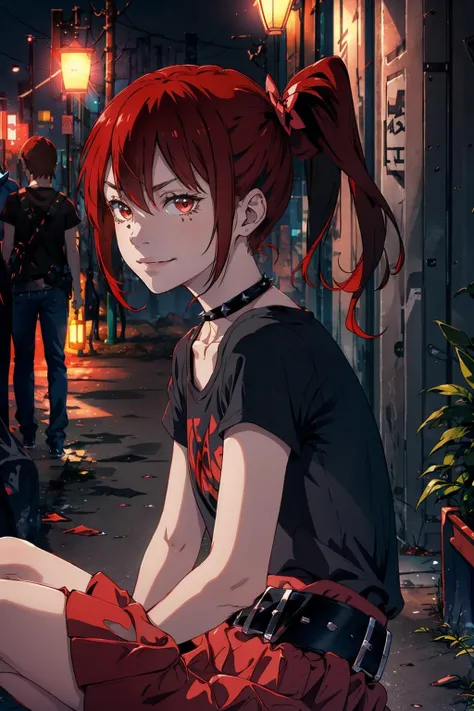 masterpiece, best quality, anarchy, hair bows, spiked collar, black t-shirt, belt, red skirt, upper body, furrowed brow, smug, smile, from side, looking at viewer, crouching, city street, night <lora:anarchy-nvwls-v1-000012:0.9>