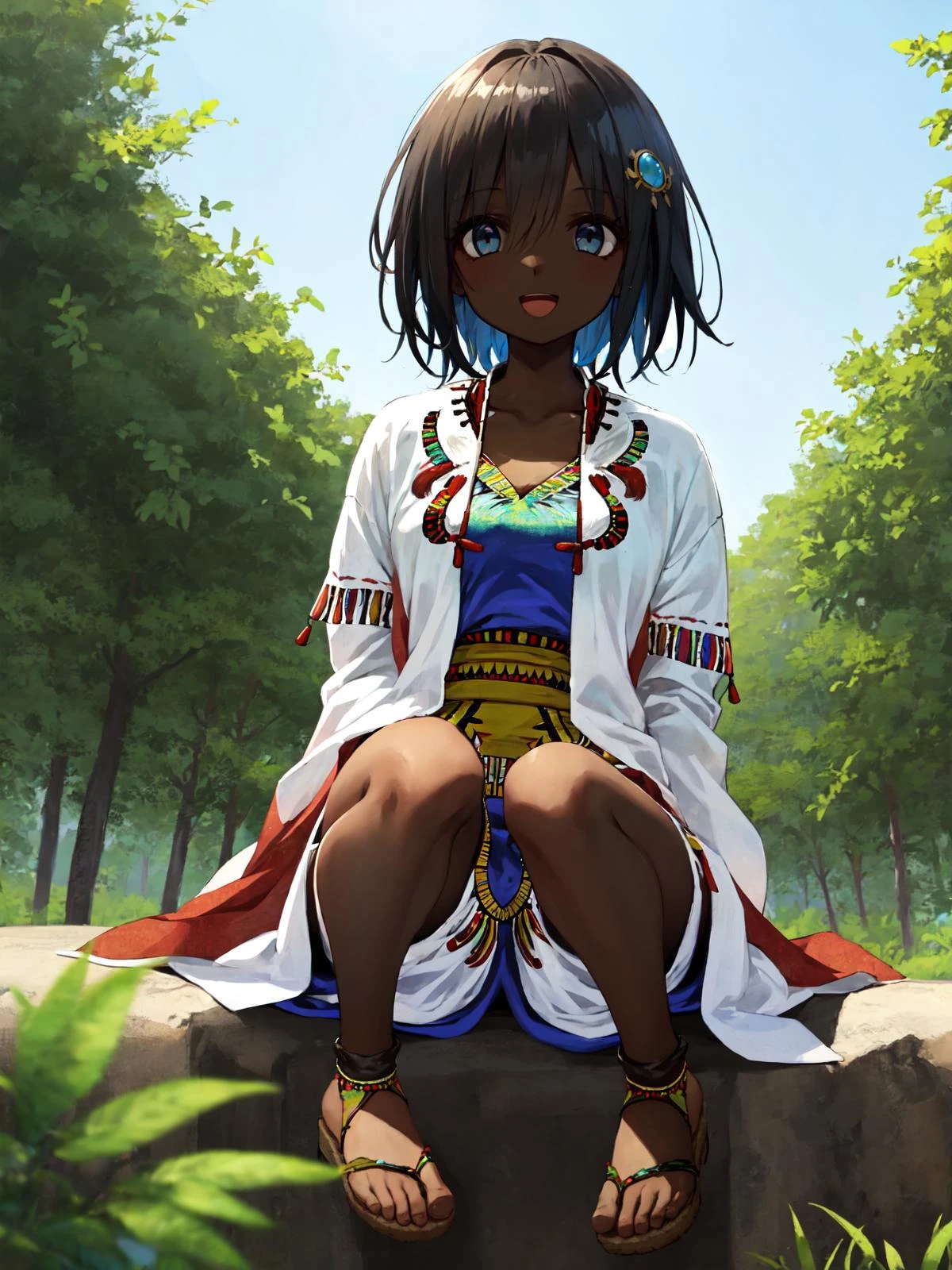 1 girl, best quality, amazing intricate, black hair, medium hair, light blue eyes, (round eyes:1.3), happy, :D, upper tooth, medium breasts,
looking at viewer,
(dashiki shirt:1.6), sandals,
arid region, sparse vegetation, sky <lora:kasshokuhada:1> <lora:brighter-eye2:-0.7>