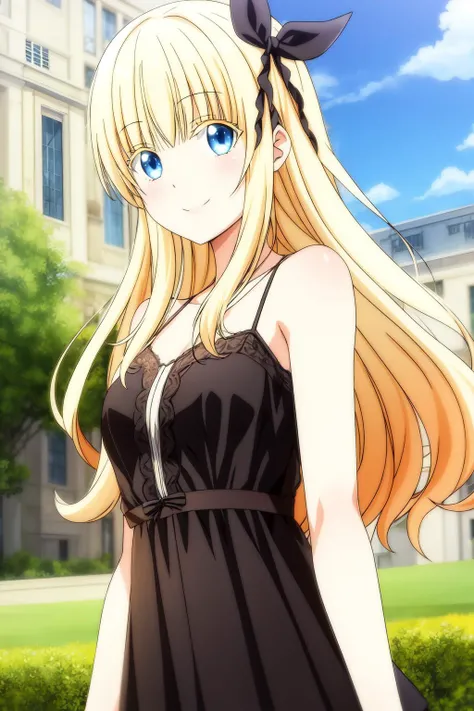 1girl, solo, long hair, looking at viewer, bangs, blue eyes, blonde hair, black ribbon, dress, casual dress, outdoor, smile, juliet_persia