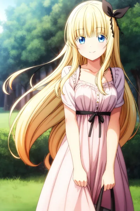 1girl, solo, long hair, looking at viewer, bangs, blue eyes, blonde hair,  black ribbon, dress, casual dress, outdoor, smile, juliet_persia