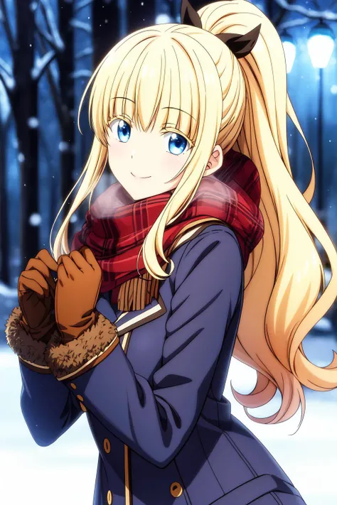 masterpiece, best quality, 1girl, solo, long hair, ponytail, looking at viewer, bangs, blue eyes, blonde hair, winter, winter jacket, fur jacket, glove, scarf, pants, snowy background, outdoor, smile, juliet_persia