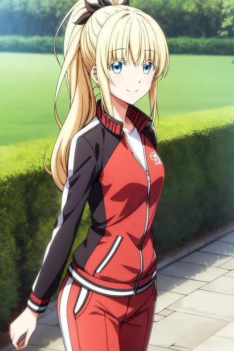 masterpiece, best quality, 1girl, solo, long hair, ponytail, looking at viewer, bangs, blue eyes, blonde hair, jacket, long sleeves, pants, red pants, solo, track suit, garden, outdoor, smile, juliet_persia