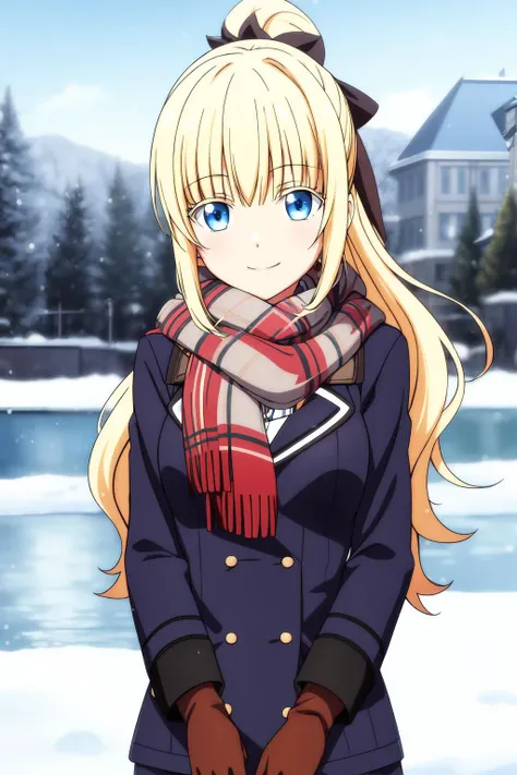 masterpiece, best quality, 1girl, solo, long hair, ponytail, looking at viewer, bangs, blue eyes, blonde hair, winter, winter jacket, fur jacket, glove, scarf, pants, snowy background, outdoor, smile, juliet_persia
