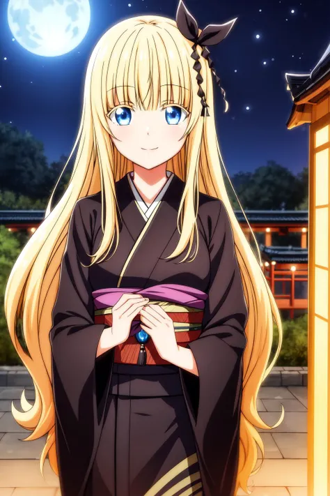 1girl, solo, long hair, looking at viewer, bangs, blue eyes, blonde hair, black ribbon, kimono , japanese clothes, night, lights, fullmoon, japanee tample, outdoor, smile, juliet_persia