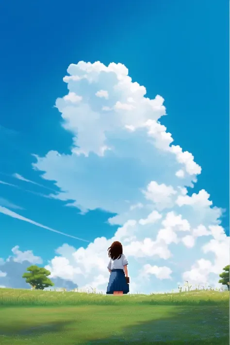 pixel art,from_below,1girl,sky,solo,cloud,outdoors,day,scenery,grass,blue sky,skirt,bag,school uniform,from behind,standing,shirt,brown hair,wide shot,white shirt,cloudy sky,<lora:pixelstyleckpt_strength07åç´ ç»:0.5>