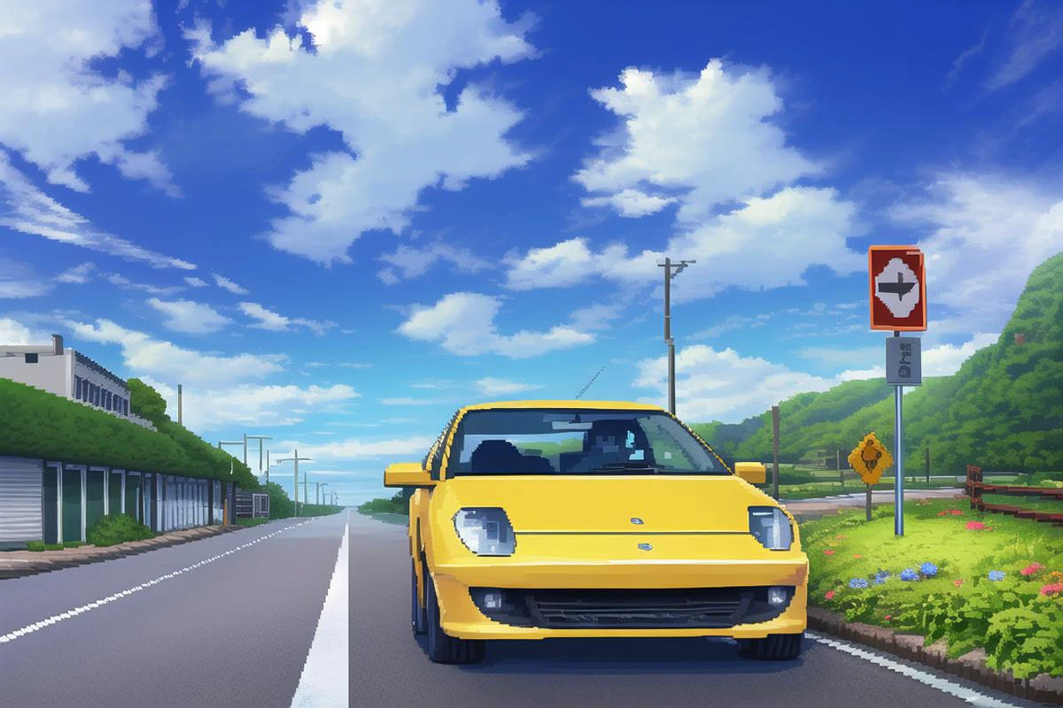 pixel art,ground vehicle,motor vehicle,outdoors,car,scenery,sky,road,ocean,sign,power lines,day,cloud,utility pole,road sign,horizon,street,blue sky,real world location,<lora:pixelstyleckpt_strength07åç´ ç»:1>,