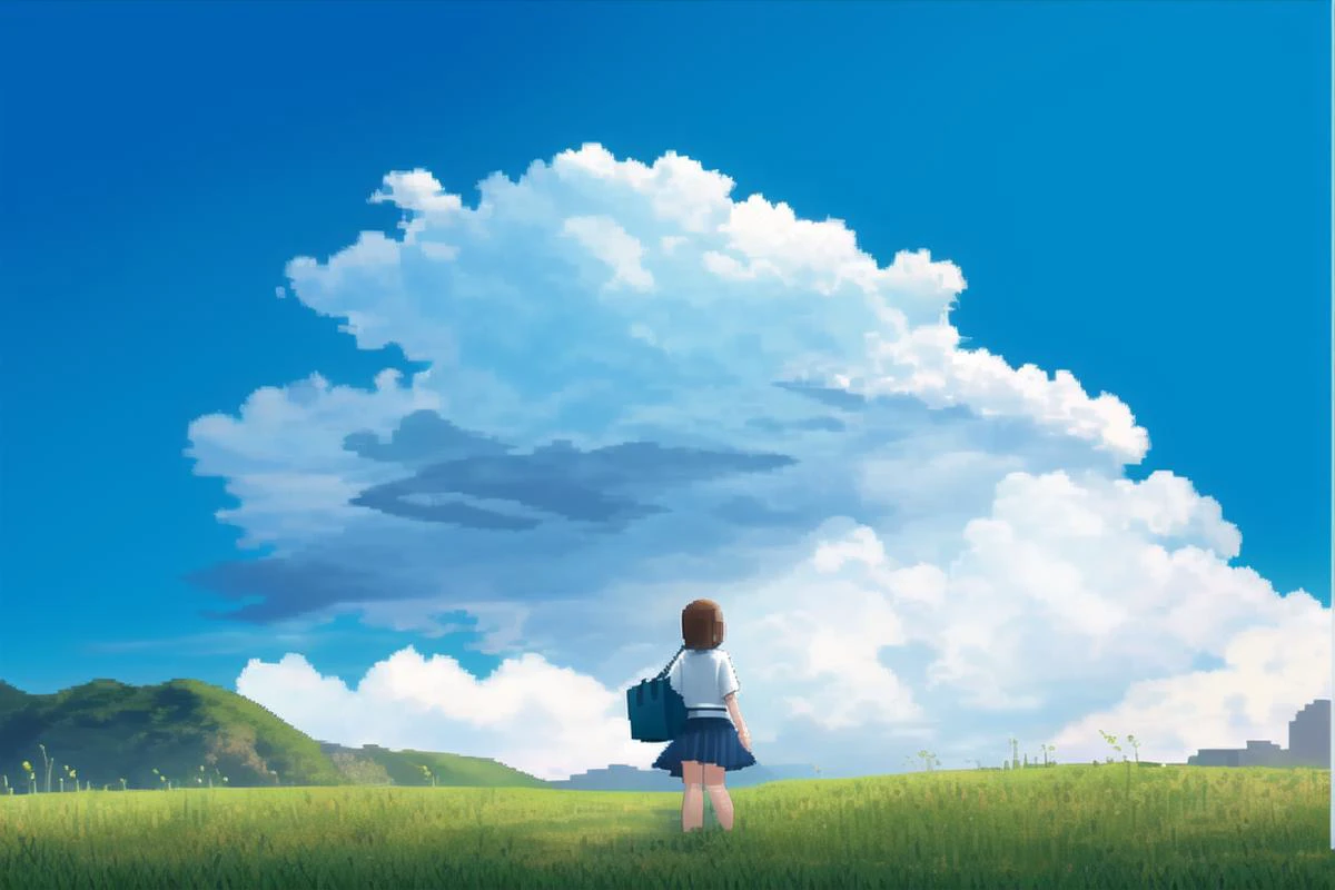 pixel art,from_below,1girl,sky,solo,cloud,outdoors,day,scenery,grass,blue sky,skirt,bag,school uniform,from behind,standing,shirt,brown hair,wide shot,white shirt,cloudy sky,<lora:pixelstyleckpt_strength07åç´ ç»:0.5>