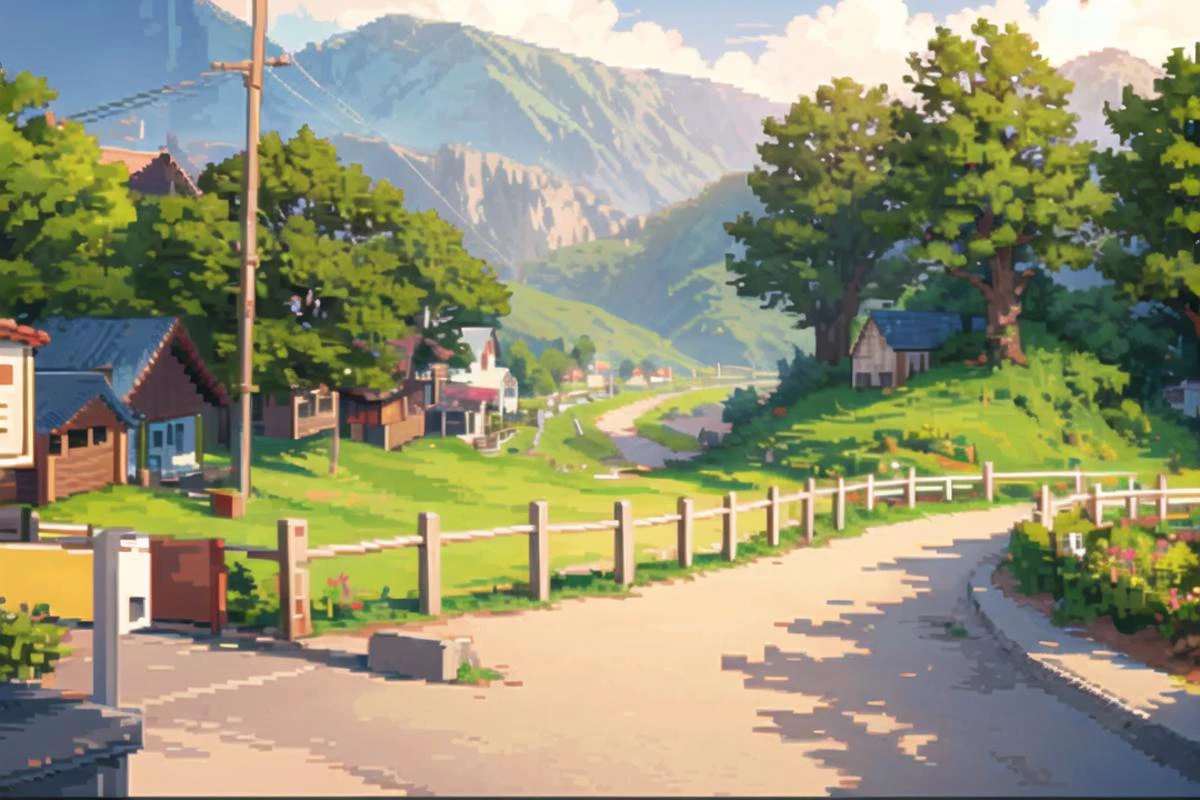 best quality,pixel,pixel art,pixelart,scenery,outdoors,tree,power lines,sky,beach,mountainous horizon,utility pole,road,day,<lora:pixelstyleckpt_strength07åç´ ç»:1>,