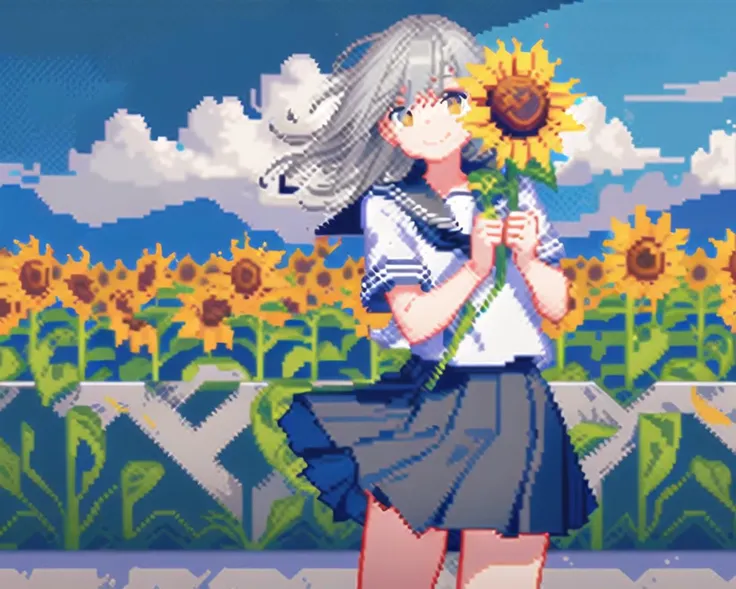 (((pixel art))),cowboy_shot,1girl,solo,skirt,medium hair,(grey hair:1.5),outdoors,fence,((sunflower)),((holding flower)),school uniform,pleated skirt,shirt,white shirt,sky,serafuku,sailor collar,short sleeves,day,cloud,looking at viewer,standing,blue sky,blue skirt,yellow eyes,wind,field,blue sailor collar,mountain,mountainous horizon,black skirt,smile,<lora:pixelstyleckpt_strength07åç´ ç»:1>,, masterpiece, best quality,