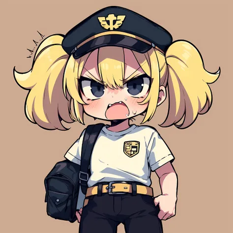 Retro game, pixel, solo girl, blonde hair, short hairstyle, pigtail, black eyes, angry, angry, bags under the eyes, tired, screaming, white shirt, black jeans, black guard cap, badge, brown belt, [orange | yellow],     <lora:add_detail:0.5>