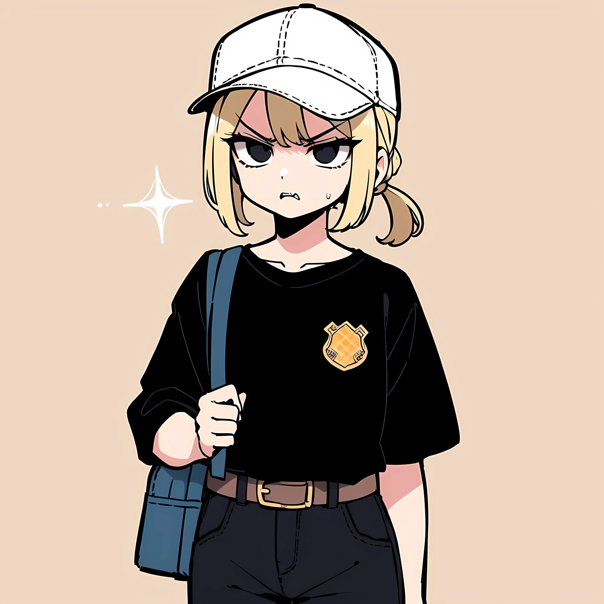 Retro game, pixel, solo girl, blonde hair, short hairstyle, pigtail, black eyes, angry, angry, bags under the eyes, tired, screaming, white shirt, black jeans, black guard cap, badge, brown belt, [orange | yellow],