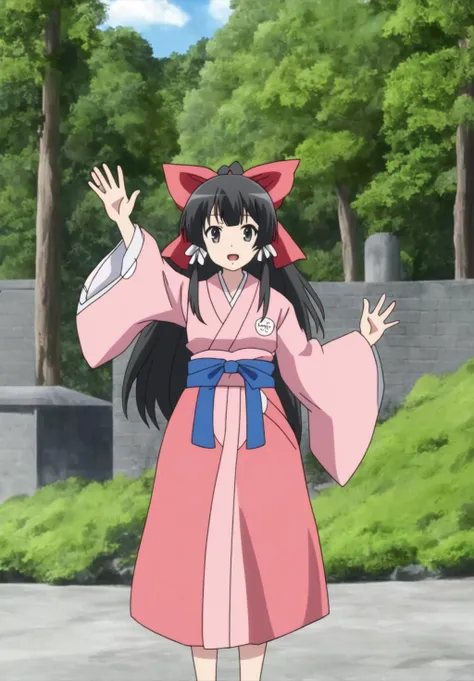 <lora:Yae_Kokonoev2:0.8>, Yae_Kokonoe, 1girl, solo, standing, waving hand, one arm up