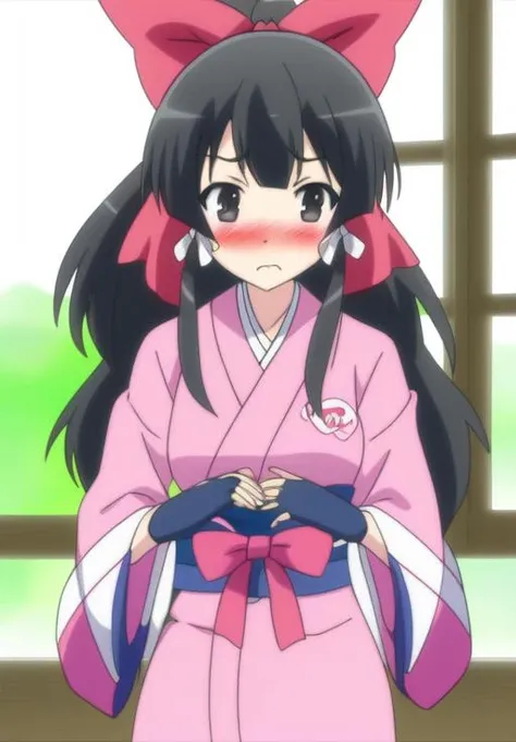 <lora:Yae_Kokonoe:0.8>, Yae_Kokonoe, 1girl, solo, long hair, blush, black hair, gloves, ribbon, hair bow, sidelocks, japanese clothes, fingerless gloves, black eyes, red bow, sash, window, obi, pink kimono
